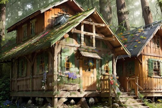 ai generated old houses in the woods