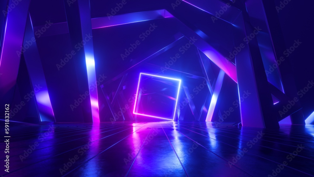 Wall mural 3d render, abstract blue pink background with glowing neon square frame. laser geometric linear shap