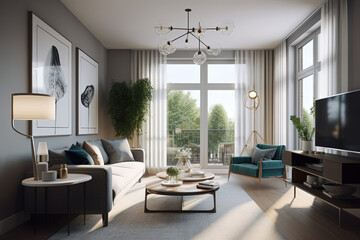 Fototapeta premium Living room in modern style with light and sunshine. Ai generated. 