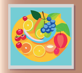 Still life summer vector abstract illustration in bright colors of fruits on the table. Sticker, poster, advertisement, postcard, label design. First small business. Colorful vector illustration. 