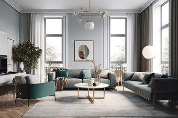 Fototapeta premium Living room in modern style with light and sunshine. Ai generated. 
