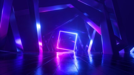 3d render, abstract blue pink background with glowing neon square frame. Laser geometric linear shape inside the dark tunnel