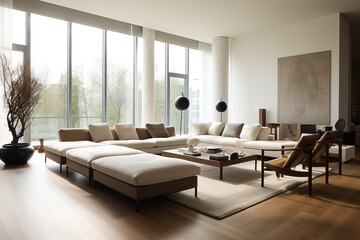 Naklejka na ściany i meble Living room in modern style with light and sunshine. Ai generated. 
