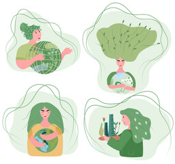 Lady cherishes verdant globe with affection. Vector art for Earth Day and planet preservation.Global Warming and environmental safeguard power efficiency idea. Vector illustration.