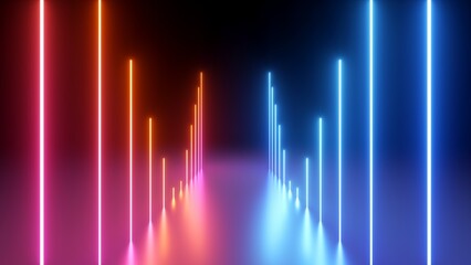 3d render, abstract background with red blue vertical glowing lines. Modern wallpaper