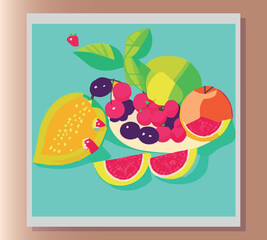 Still life summer vector abstract illustration in bright colors of fruits on the table. Sticker, poster, advertisement, postcard, label design. First small business. Colorful vector illustration. 