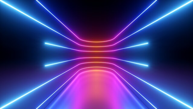 3d render. Abstract futuristic neon background. Red pink blue rounded lines, glowing in the dark. Ultraviolet spectrum. Cyber space. Minimalist wallpaper
