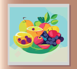Still life summer vector abstract illustration in bright colors of fruits on the table. Sticker, poster, advertisement, postcard, label design. First small business. Colorful vector illustration. 