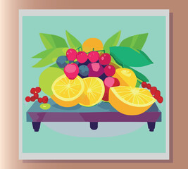 Still life summer vector abstract illustration in bright colors of fruits on the table. Sticker, poster, advertisement, postcard, label design. First small business. Colorful vector illustration. 