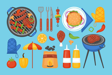 BBQ grill, barbecue meat and elements set for summer picnic party design. Vector illustration