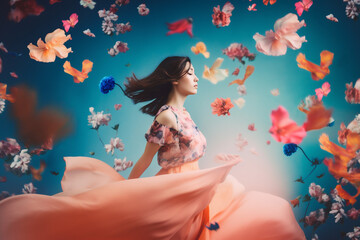 Obraz na płótnie Canvas woman fashion beauty nature falling flying peony flower spring colorful art. Generative AI.