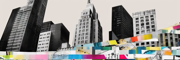  Abstract collage of skyscrapers, business buildings in big city. Surreal skyscraper banner concept, contemporary colors and mood social. Generate AI