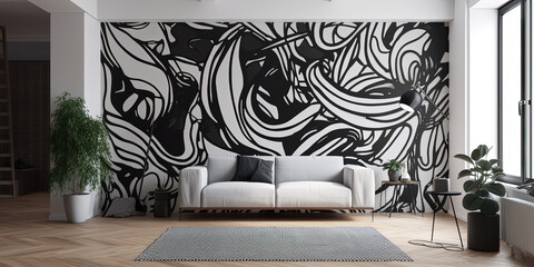 Unique black paint design on a white wall. Ai generated. 