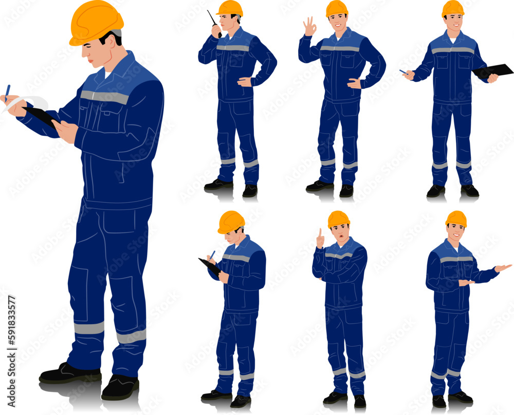 Wall mural Hand drawn worker with a helmet. Worker wearing blue work overalls with safety band. Different poses. Vector illustration set isolated on white. Full length view	