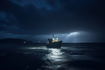 Obraz premium Boat at night on the sea with fog. AI generated.