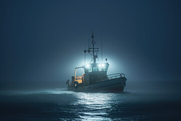 Obraz premium Boat at night on the sea with fog. AI generated.