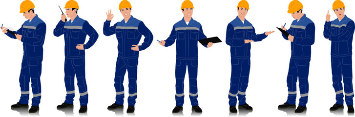 Hand drawn worker with a helmet. Worker wearing blue work overalls with safety band. Different poses. Vector illustration set isolated on white. Full length view	