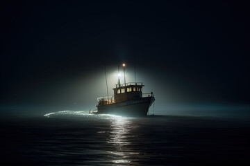 Obraz premium Boat at night on the sea with fog. AI generated.