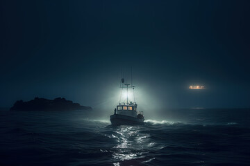 Obraz premium Boat at night on the sea with fog. AI generated.