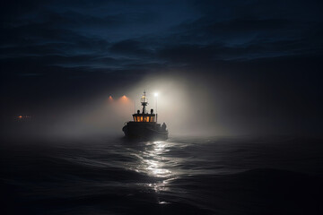 Obraz premium Boat at night on the sea with fog. AI generated.