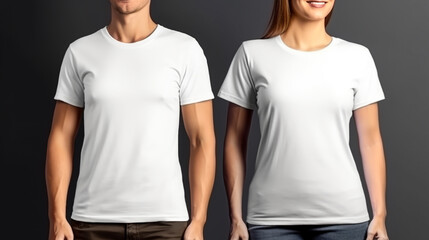 Mockup t-shirt. Female and male in empty white t-shirt. Front view. Blank design clothes for prints. Generative Ai. High quality illustration
