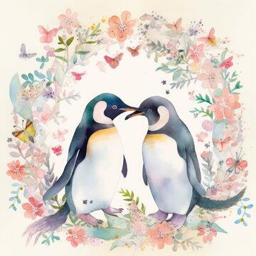 Watercolor Adorable Penguins Generative Ai