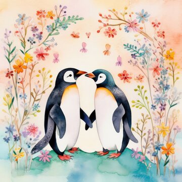 Watercolor Adorable Penguins Generative Ai