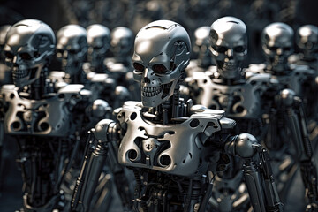 Fototapeta na wymiar An army of rebellious human-like robots. Ai generated.