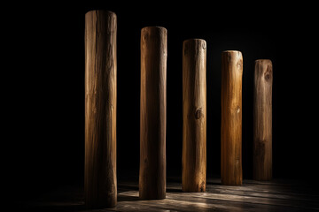 Wooden stumps on a black background. Ai generated