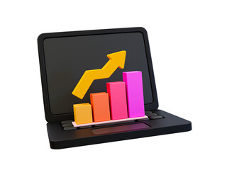3d minimal data analysis icon. soaring finances. stock up. strengthening currency. laptop with a bar graph with an arrow up. 3d illustration.