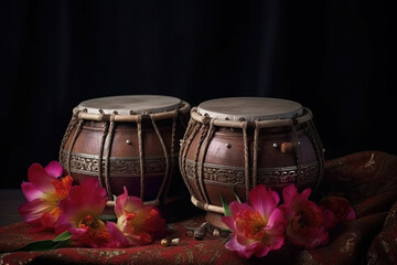 A tabla is a pair of twin hand drums from the Indian subcontinent, that are somewhat similar in shape to the bongos. Ai generated.