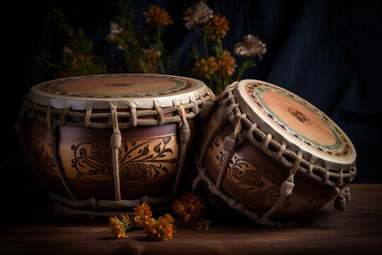 A tabla is a pair of twin hand drums from the Indian subcontinent, that are somewhat similar in shape to the bongos. Ai generated.