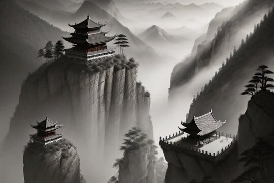 ai generated ink painting of a Asian temples on top of valleys and mountains 