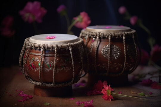 A tabla is a pair of twin hand drums from the Indian subcontinent, that are somewhat similar in shape to the bongos. Ai generated.