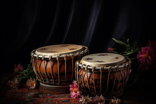 A tabla is a pair of twin hand drums from the Indian subcontinent, that are somewhat similar in shape to the bongos. Ai generated.