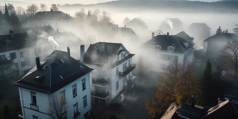 Fog over the city. A close-up view. Ai generated.