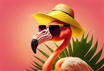 Pink flamingo with sunglasses and hat