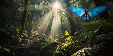 Beautiful blue butterfly in fairy forest. Ai generated. 