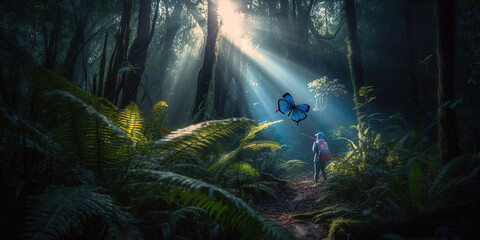 Beautiful blue butterfly in fairy forest. Ai generated. 