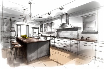 kitchen design sketch, merged with finished kitchen image, highlighting evolution from initial idea to final project. generative ai