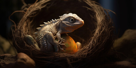 Obraz premium Cute baby dragon with egg. Ai generated. 