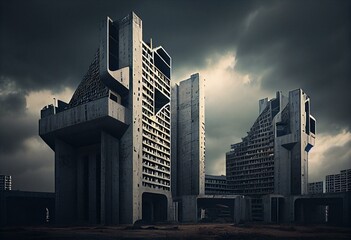 Constructivist Metropolis. Soviet Brutalist Buildings against a Cloudy Afternoon Sky. Generative AI