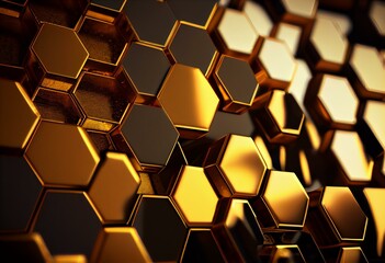 Glossy, Gold Mosaic Tiles arranged in the shape of a wall. Polished, Hexagonal, Bullion stacked to create a 3D block background. 3D Render. Generative AI