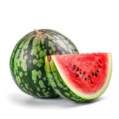 Organic raw ripe fresh whole watermelon and slice on white background Generative AI Illustration