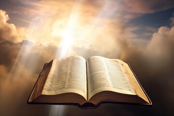 The Bible the Word of God in the sky with celestial lighting Way to Salvation the Gospel Generative AI Illustration