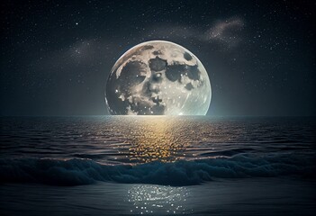 Full moon in starry night sky above ocean surface. Generative AI