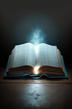 The Bible the Word of God with celestial blue lighting effects the Gospel Way to Salvation Generative AI Illustration