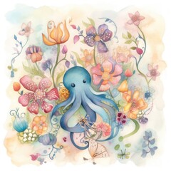 Fototapeta premium Watercolor Octopus Generative Ai