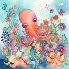 Obraz na płótnie Canvas Watercolor Octopus Generative Ai