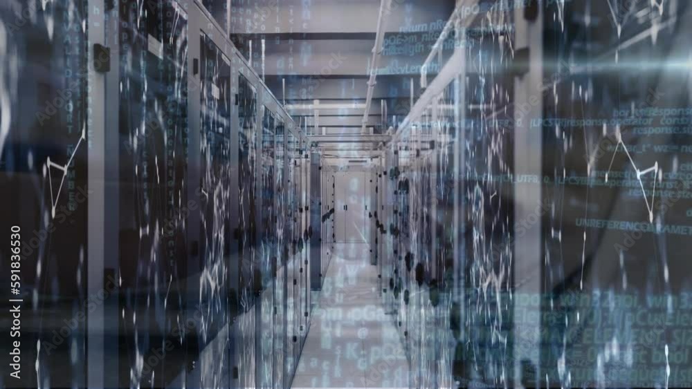 Poster animation of data processing and network of connections over server room